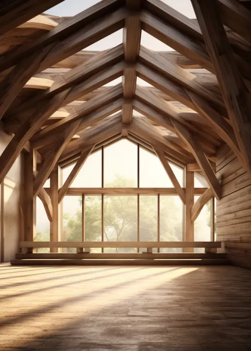 Interior de una estructura de techo con vigas y cerchas de madera a la vista